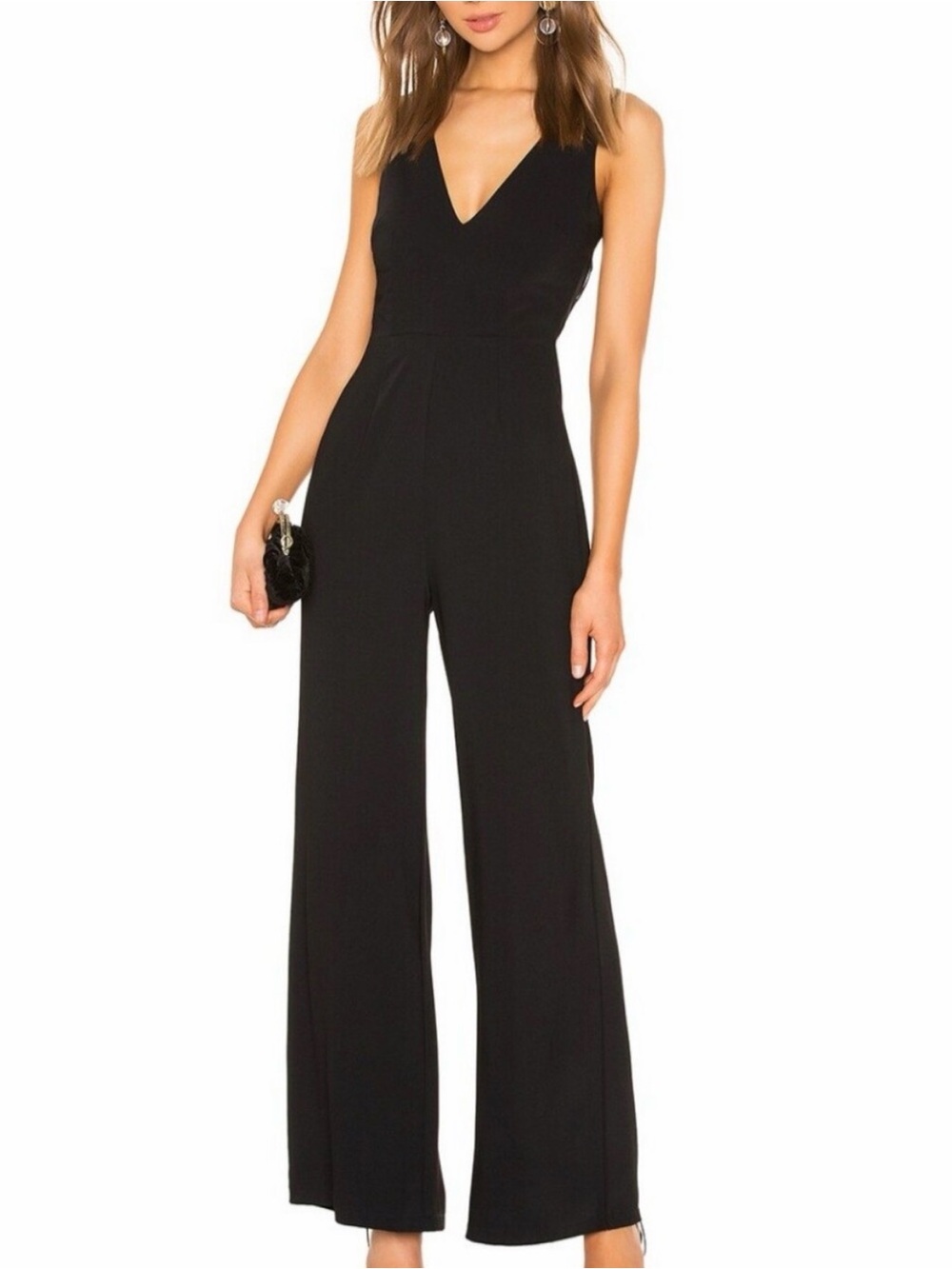 Black V-Neck Wide-Leg Backless Jumpsuit